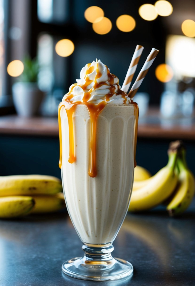 A tall glass filled with a creamy banana caramel milkshake, topped with whipped cream and a caramel drizzle