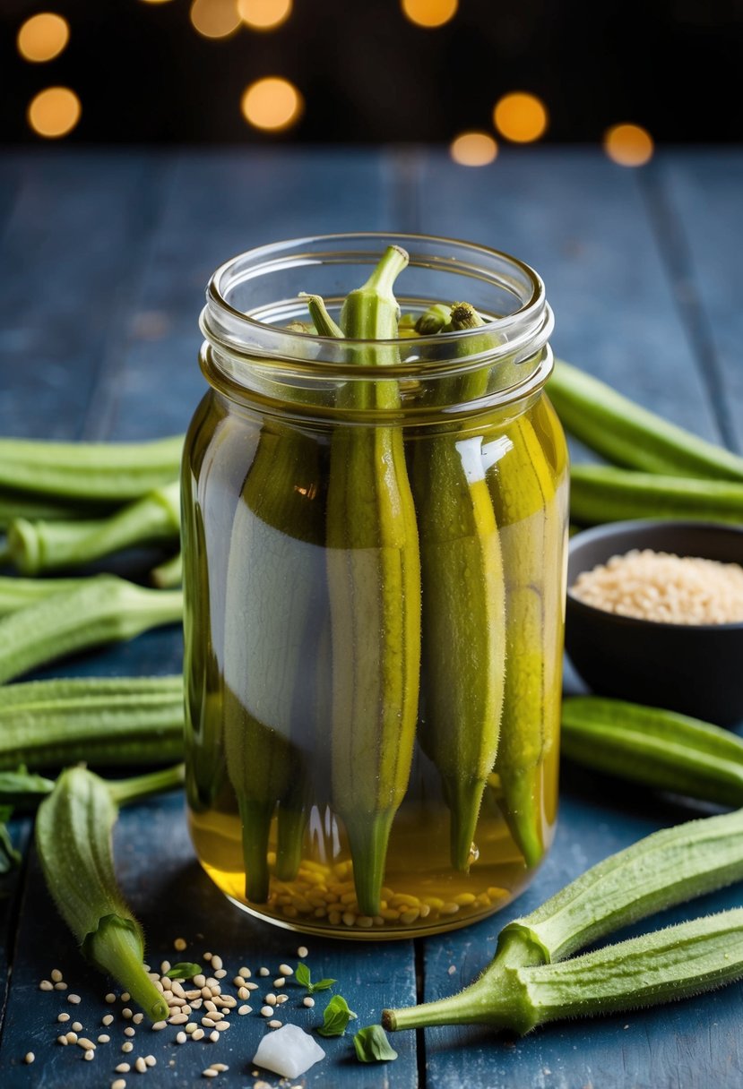 A jar of pickled okra surrounded by fresh okra pods and ingredients for okra recipes