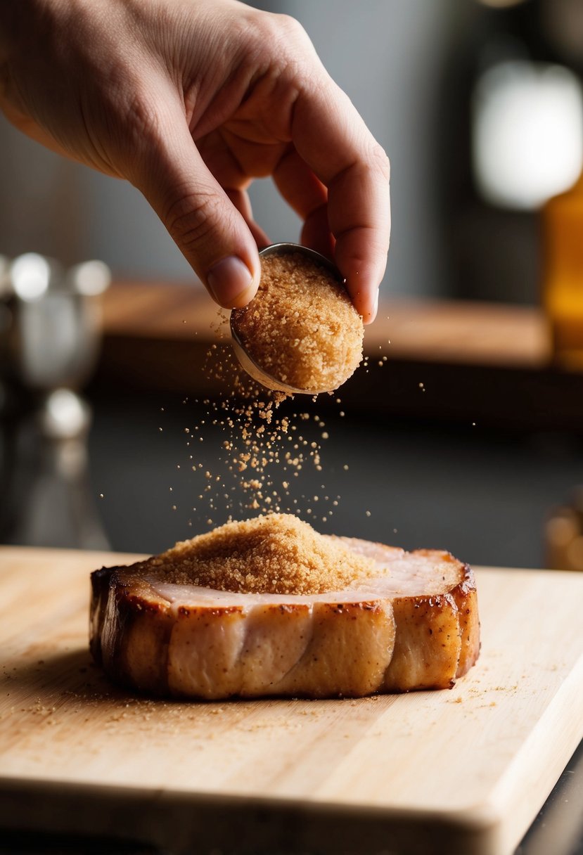 A hand sprinkles brown sugar onto a thick pork chop on a cutting board