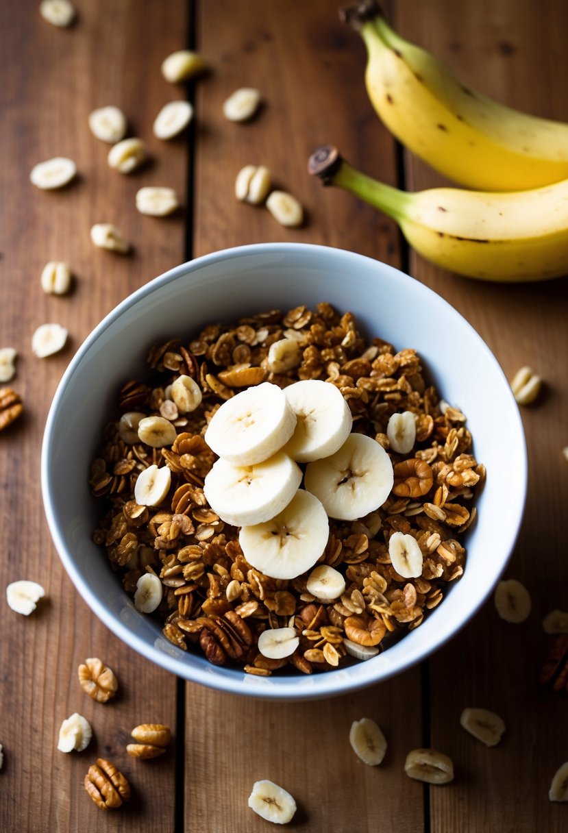 A bowl of banana nut granola topped with fresh banana slices and scattered nuts on a wooden table