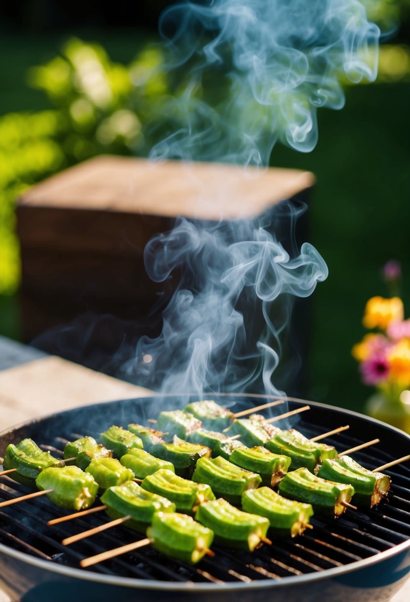 Fresh okra skewers grilling on a hot barbecue, smoke rising, with a backdrop of a summery outdoor setting