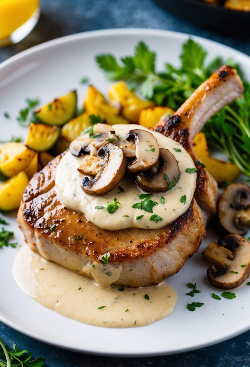 A sizzling pork chop topped with creamy mushroom sauce on a white plate, surrounded by fresh herbs and a side of roasted vegetables