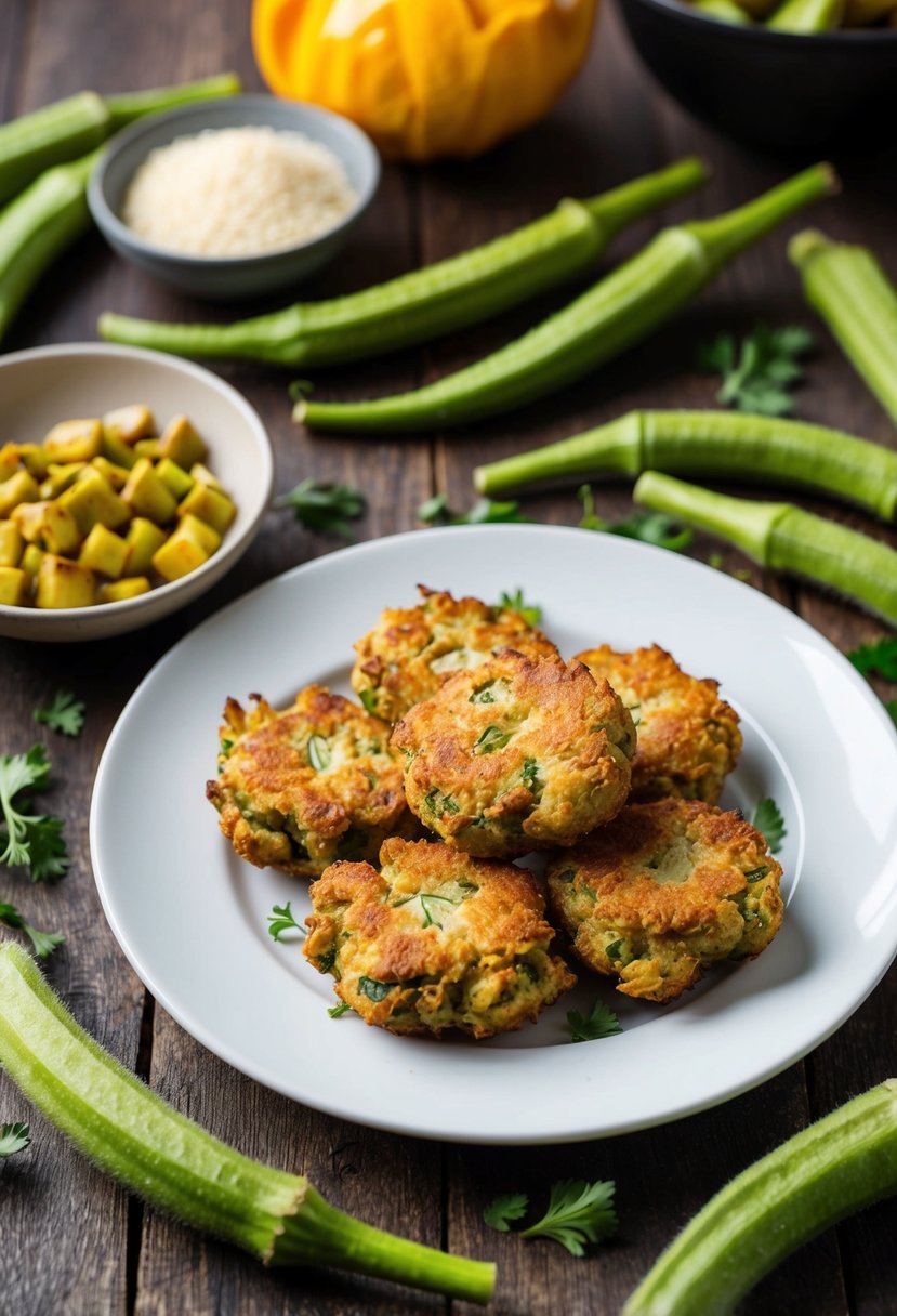 A plate of golden brown okra fritters surrounded by fresh okra pods and ingredients