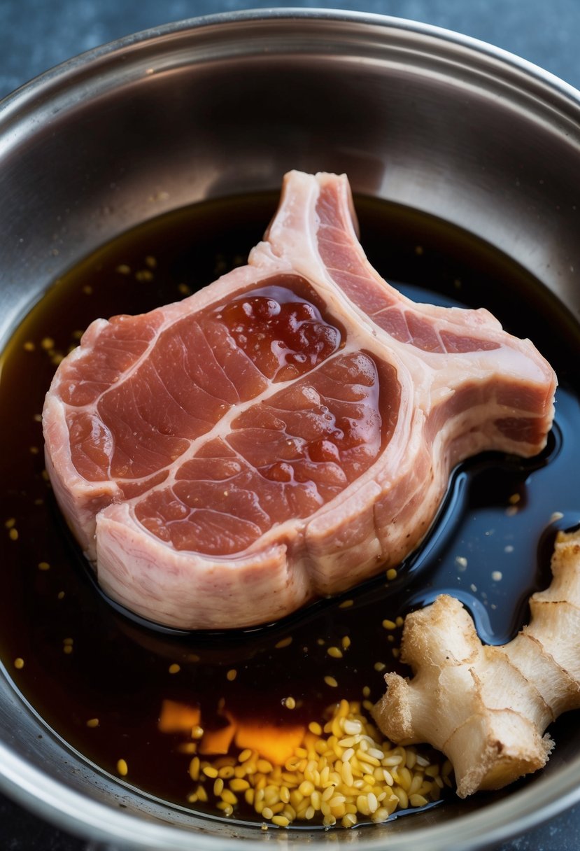 A thick pork chop submerged in a mixture of soy sauce and ginger, ready to marinate