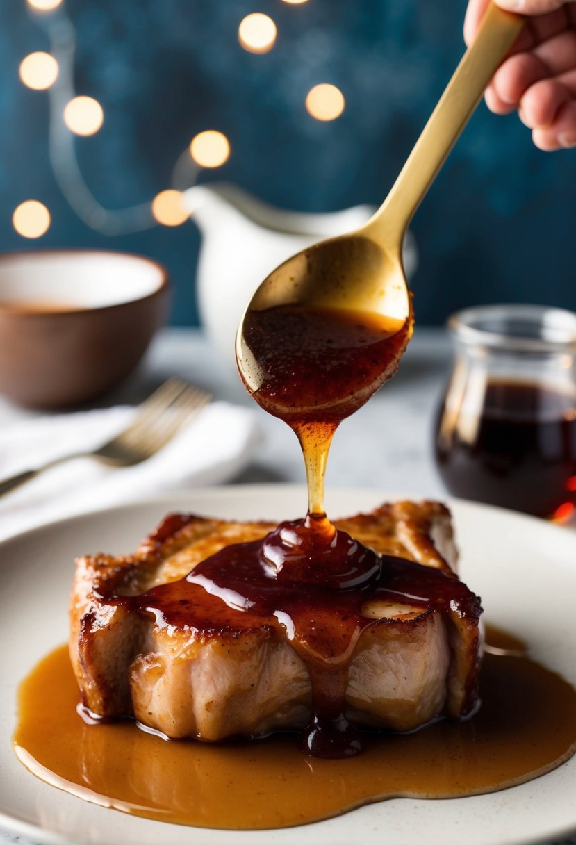 A pork chop being generously coated with a glossy maple syrup glaze