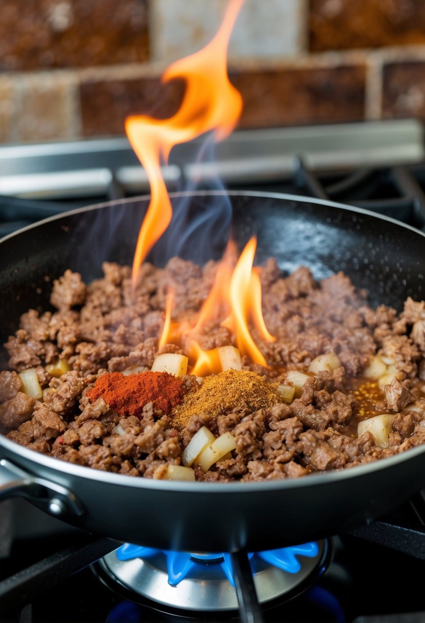 A sizzling skillet with ground beef, onions, and spices cooking over a stovetop flame