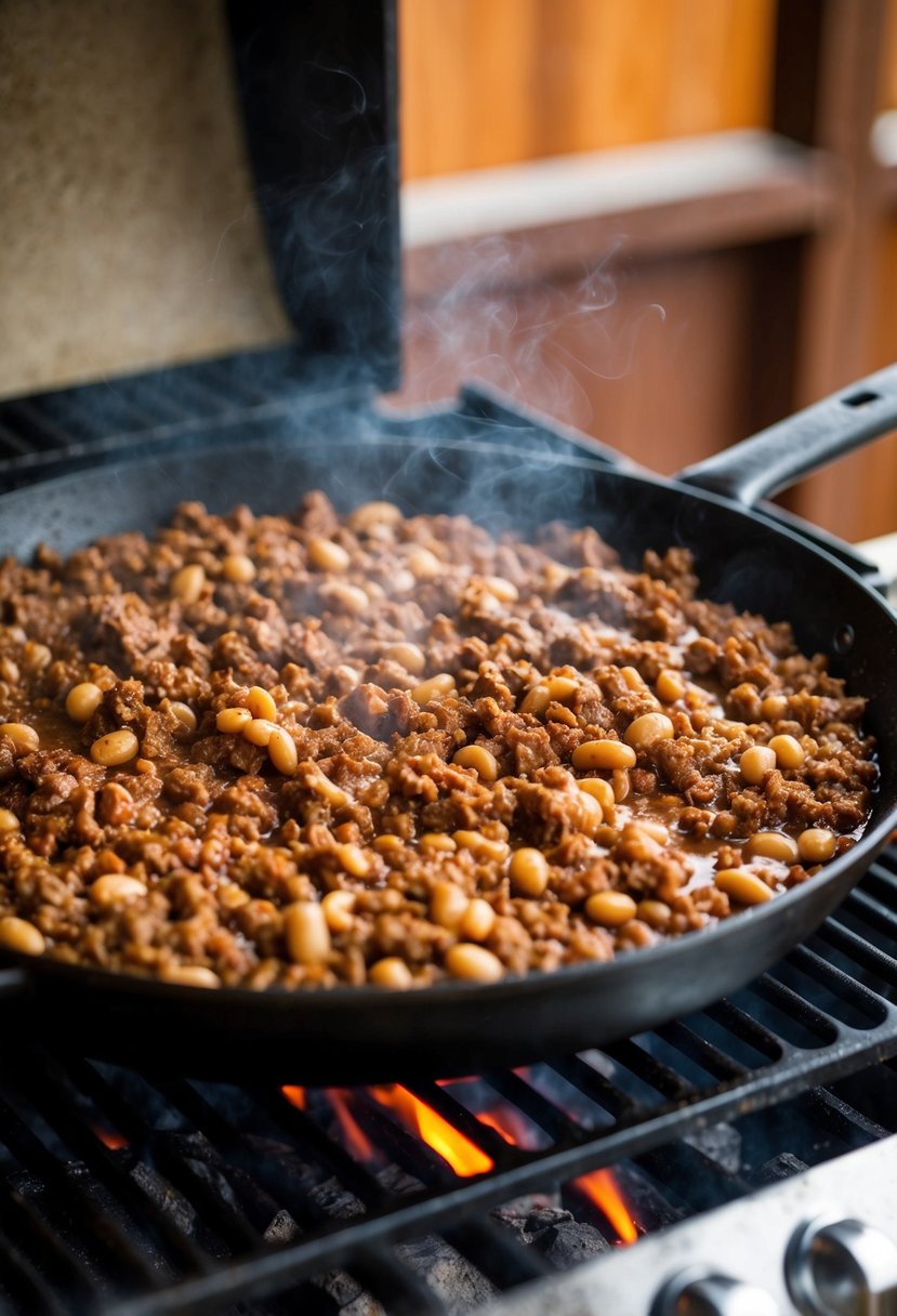 A sizzling skillet of ground beef and beans cooking over a BBQ grill