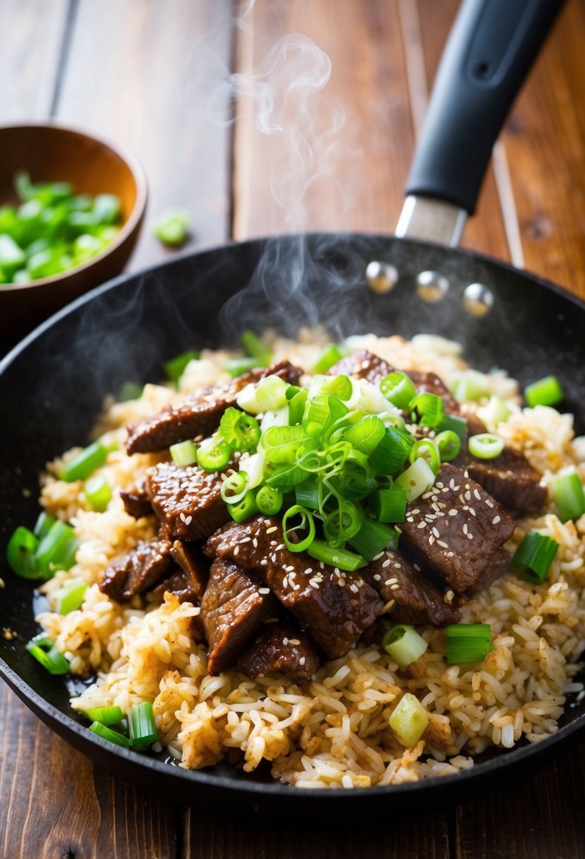 A sizzling skillet of Korean beef and rice, topped with green onions and sesame seeds, steams on a wooden table