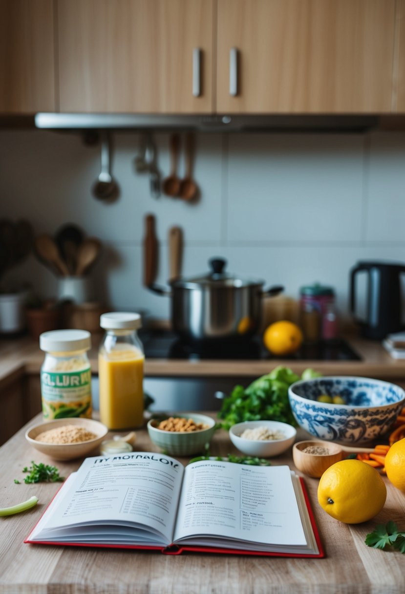 A cluttered kitchen counter with scattered ingredients and a well-used recipe book open to a page for 11-month-old baby food