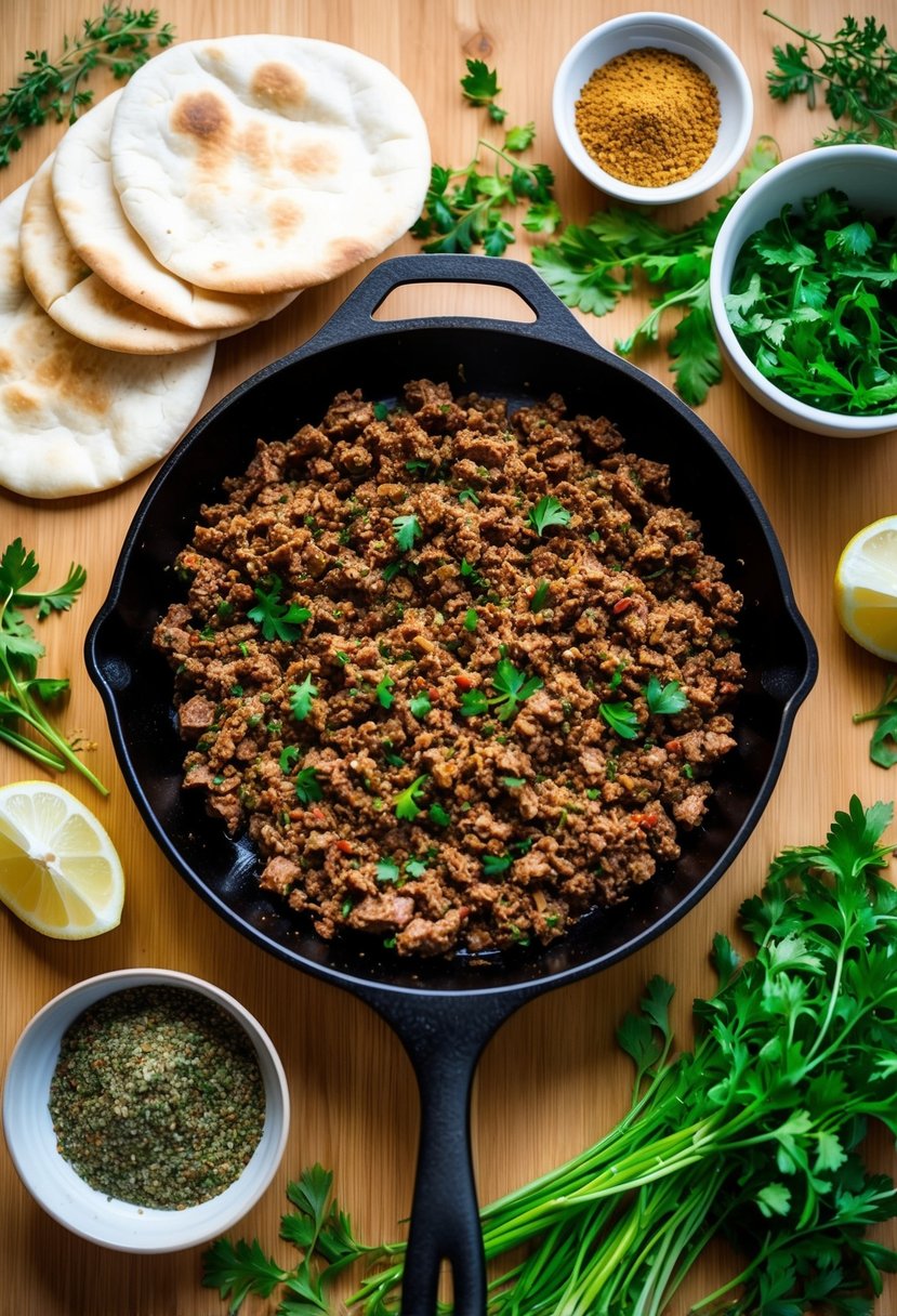 A sizzling skillet of ground beef surrounded by pita bread, fresh herbs, and Middle Eastern spices