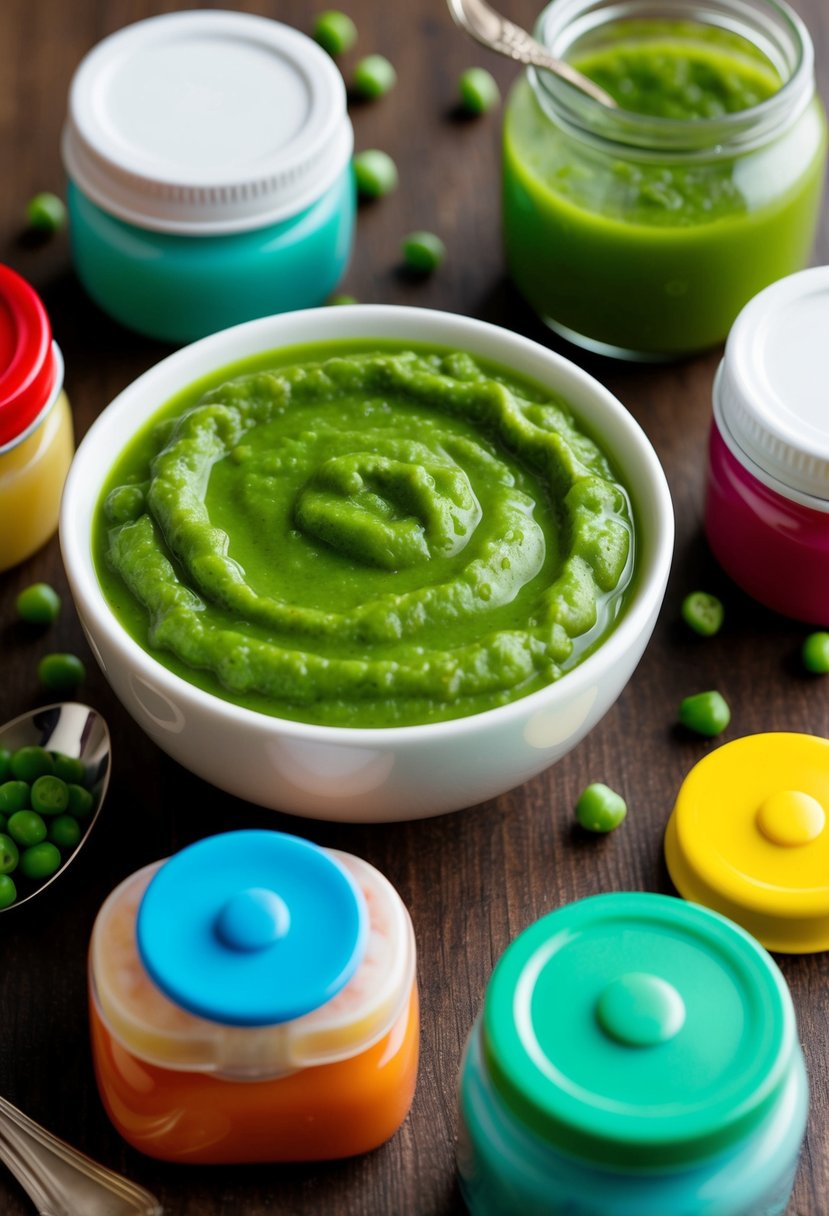 A small bowl of green pea purée surrounded by colorful baby food jars and a spoon