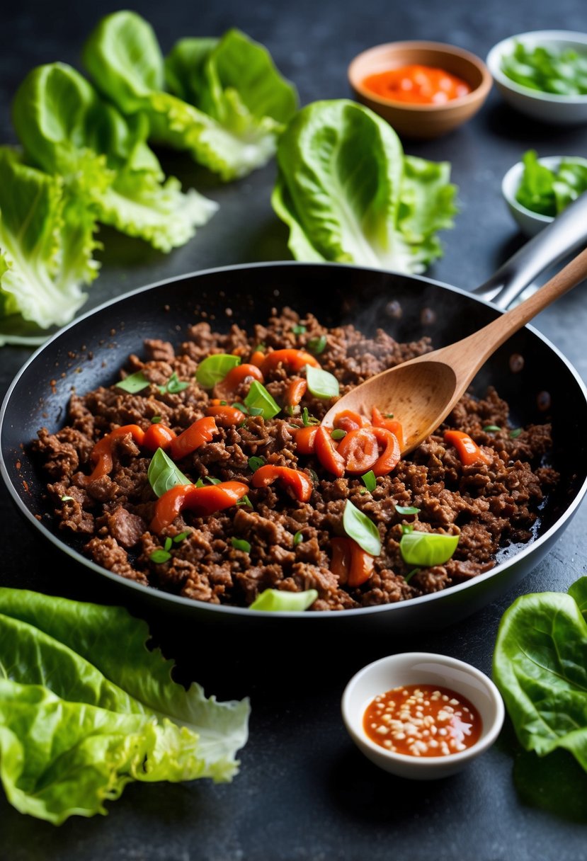 A sizzling skillet of ground beef with Sriracha sauce, surrounded by vibrant lettuce leaves ready to be filled and wrapped