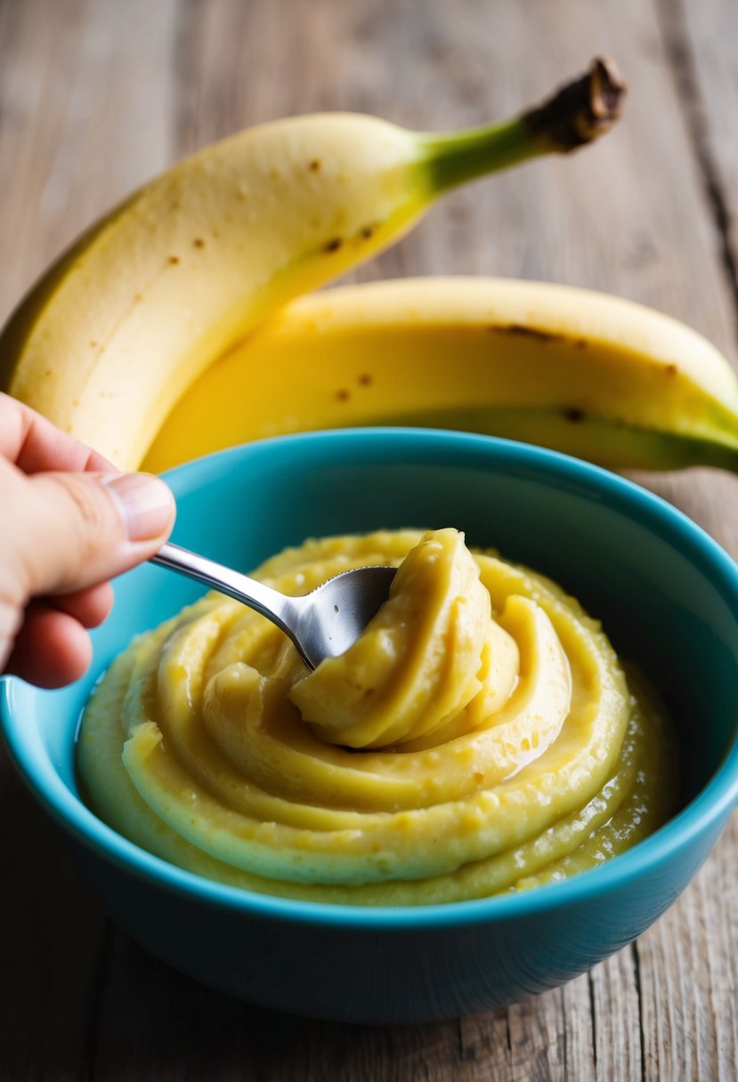 A ripe banana being mashed into a smooth purée in a small bowl