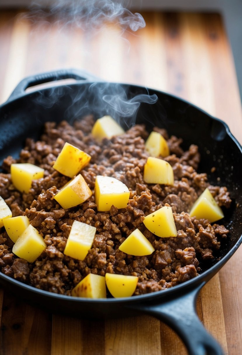 A sizzling skillet with ground beef and diced potatoes cooking together, emitting savory aromas