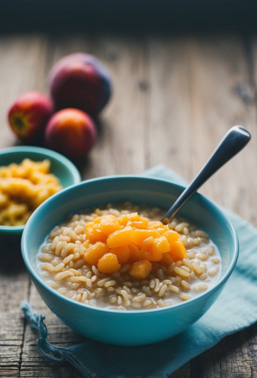 A bowl of baby brown rice cereal with a spoon and a small portion of mashed fruit on the side