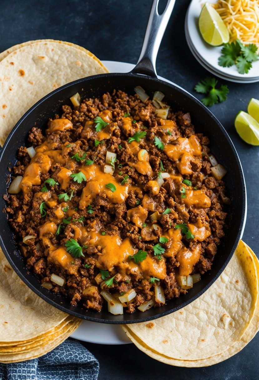 A sizzling skillet of ground beef, onions, and spices, surrounded by corn tortillas and smothered in melted cheese and enchilada sauce