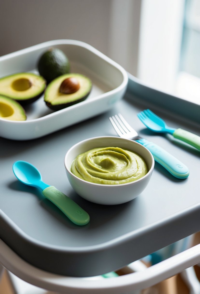 A small bowl of smooth avocado purée sits on a highchair tray, surrounded by a few scattered baby utensils