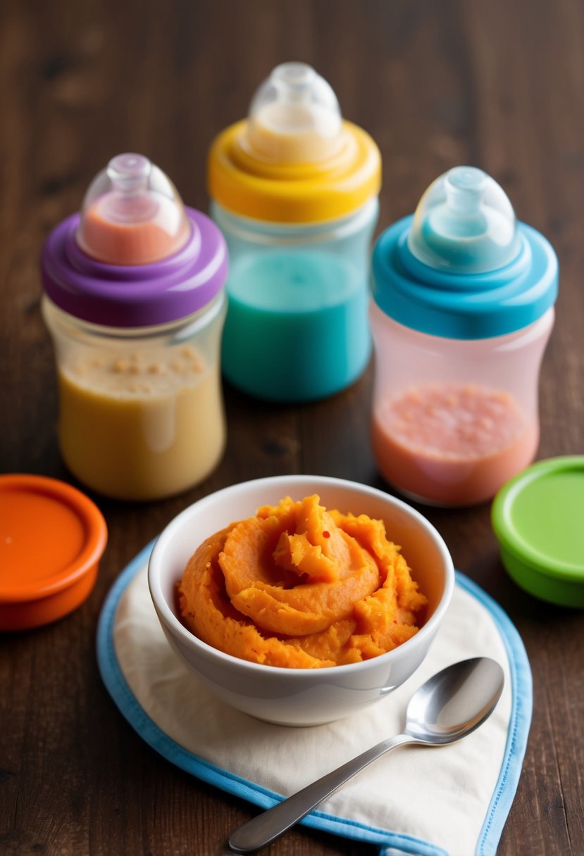 A small bowl of mashed sweet potato with a spoon beside it, surrounded by colorful baby food containers and a bib