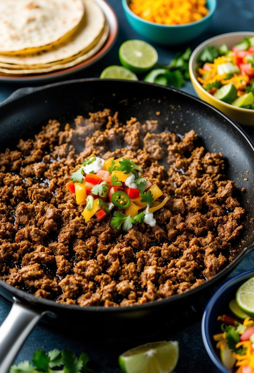 A sizzling skillet of ground beef surrounded by vibrant taco ingredients and warm tortillas