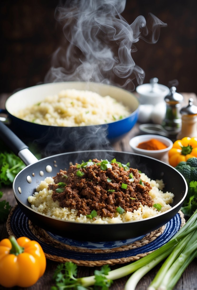 A sizzling pan of Korean ground beef with cauliflower rice, steam rising, surrounded by fresh vegetables and spices