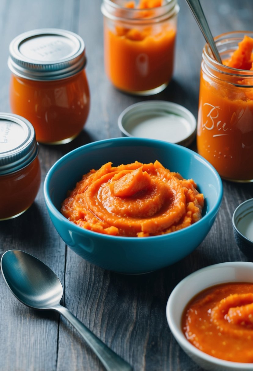 A small bowl of mashed carrots surrounded by baby food jars and a spoon