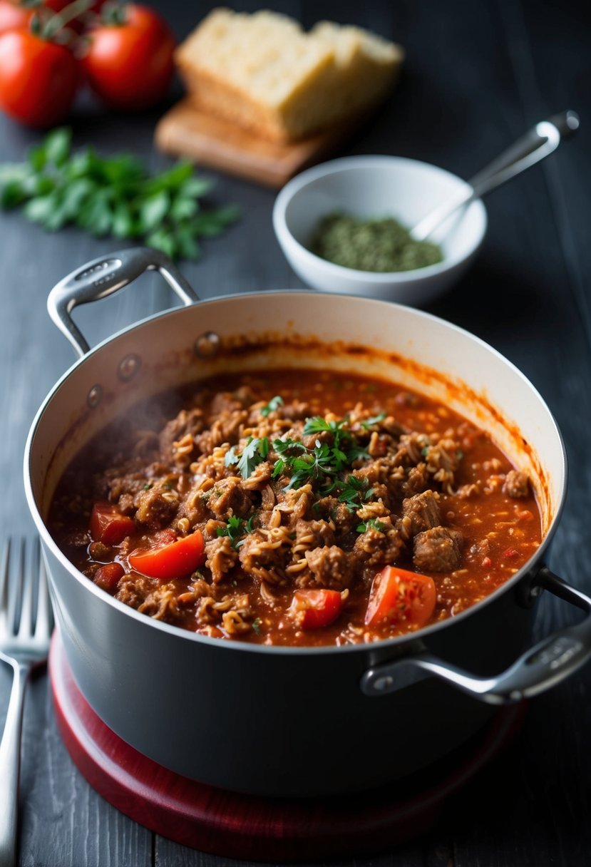 A pot of simmering spaghetti sauce with ground beef, tomatoes, and herbs