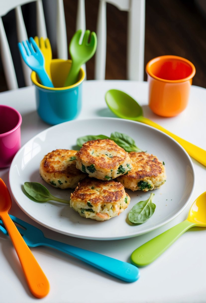 A plate of salmon and spinach fritters surrounded by colorful baby utensils and a high chair