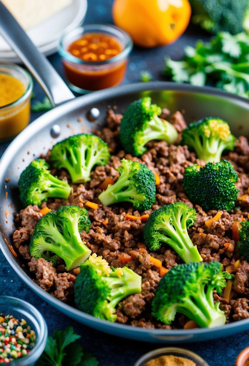 A sizzling skillet filled with ground beef and vibrant broccoli florets, surrounded by colorful spices and sauces