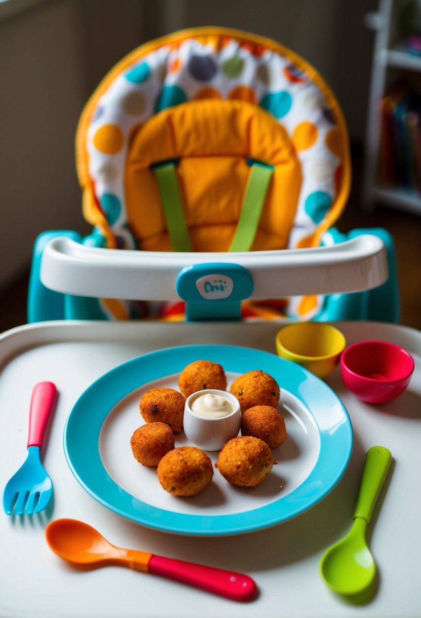 A plate of sweet potato and chicken croquettes surrounded by colorful baby-friendly utensils and a high chair