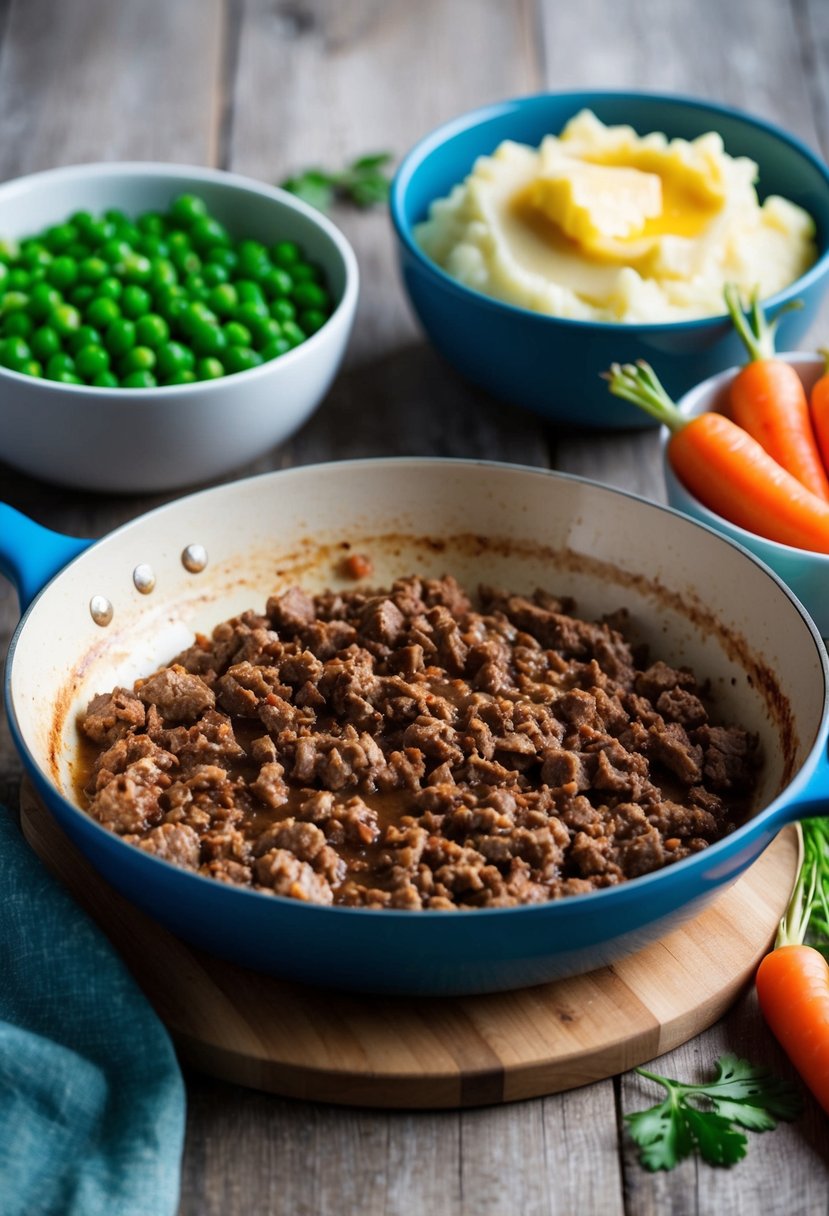 A skillet sizzling with browned ground beef, surrounded by bowls of mashed potatoes, peas, and carrots