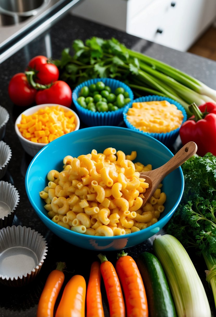 A colorful array of vegetables, cheese, and muffin tins arranged on a kitchen counter, with a bowl of macaroni and cheese being mixed together