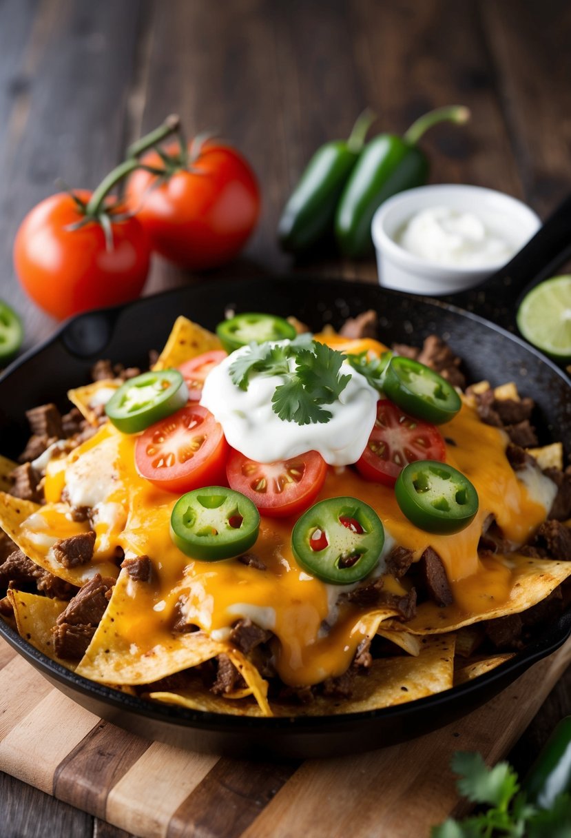 A sizzling skillet of beef nachos topped with melted cheese, fresh tomatoes, jalapenos, and a dollop of sour cream