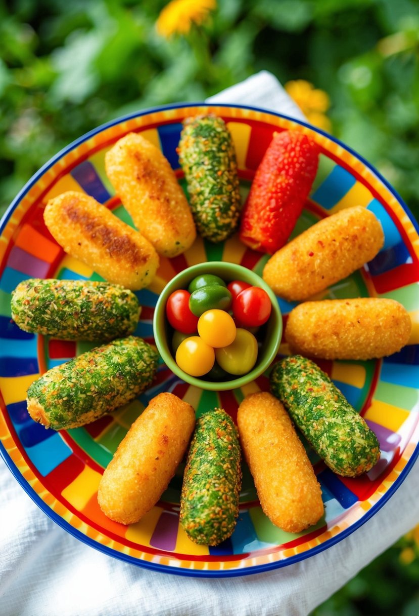 A colorful plate with a variety of vegetable croquettes arranged in a playful and inviting manner