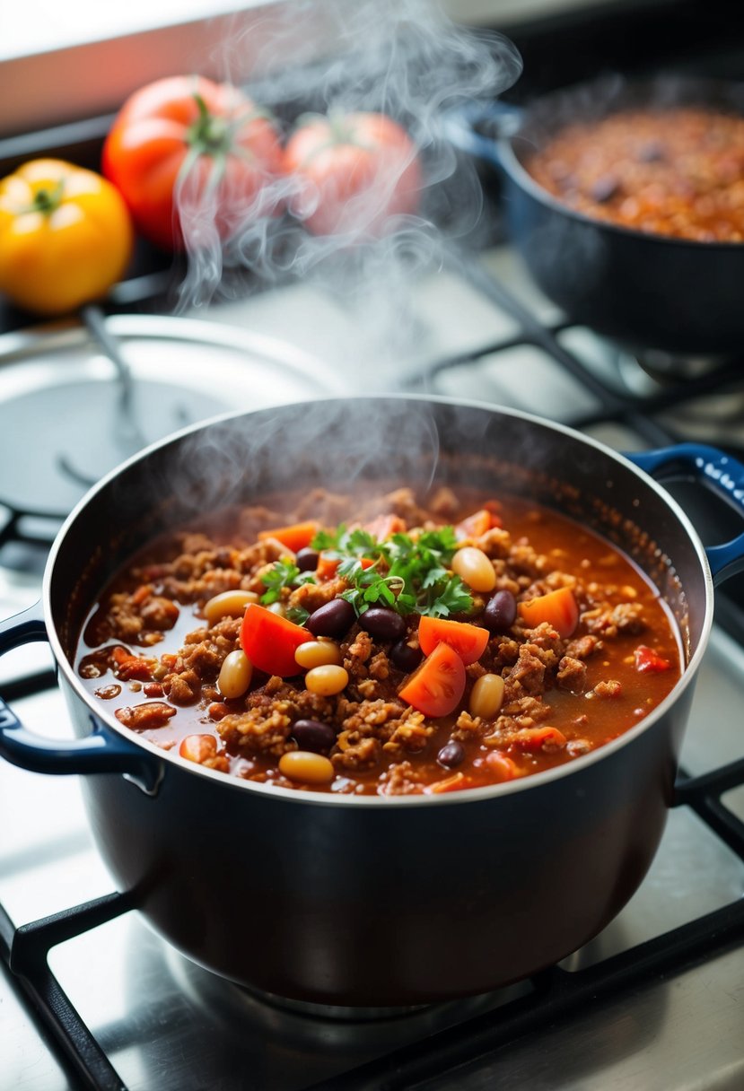 A steaming pot of chili simmering on the stove, filled with ground beef, tomatoes, beans, and spices