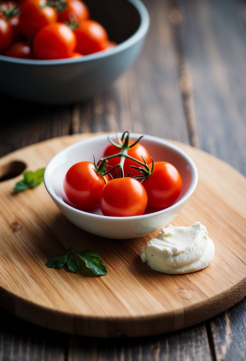 A small bowl of cherry tomatoes and a dollop of mascarpone cheese on a wooden cutting board