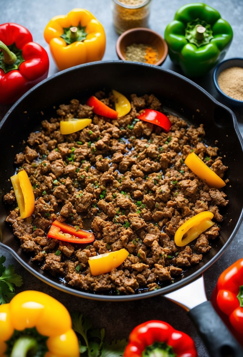 A skillet sizzling with ground beef, surrounded by colorful bell peppers and various spices