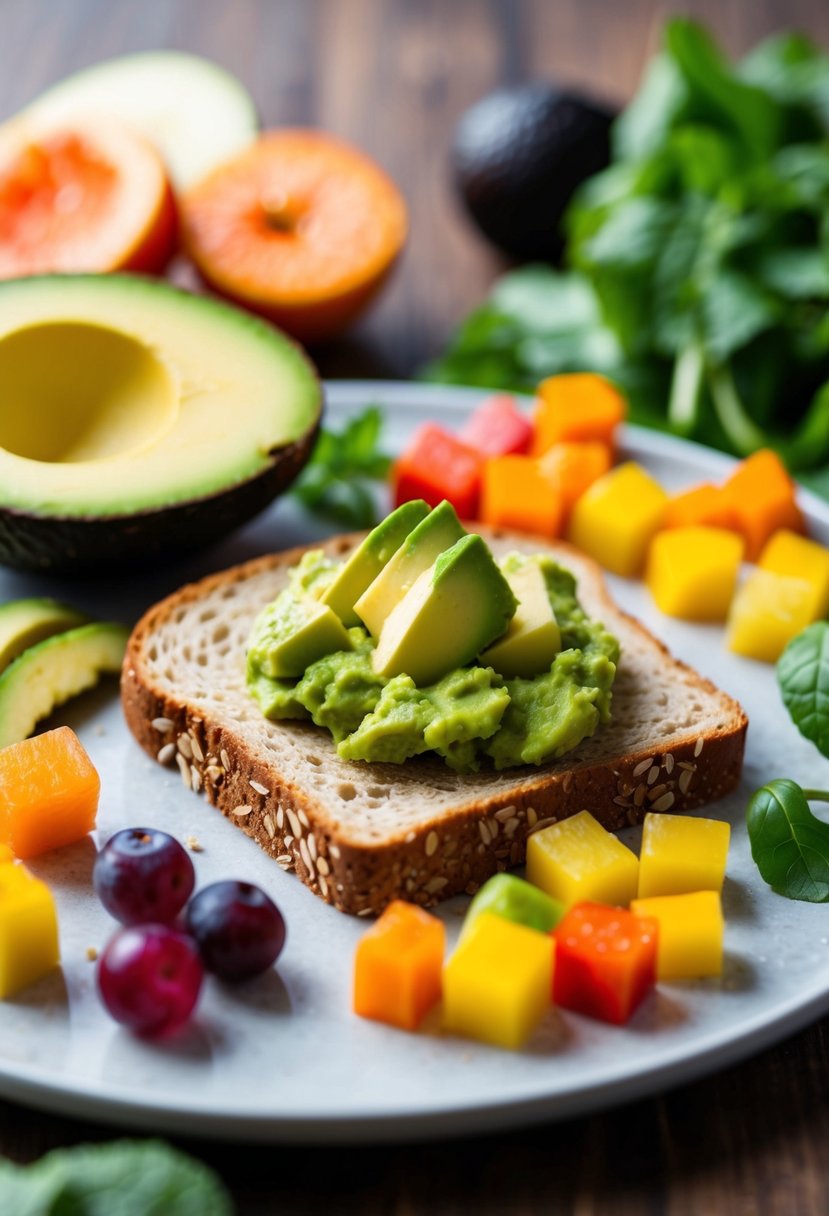 A slice of whole grain bread topped with mashed avocado, cut into small, bite-sized pieces, accompanied by a colorful assortment of fruits and vegetables