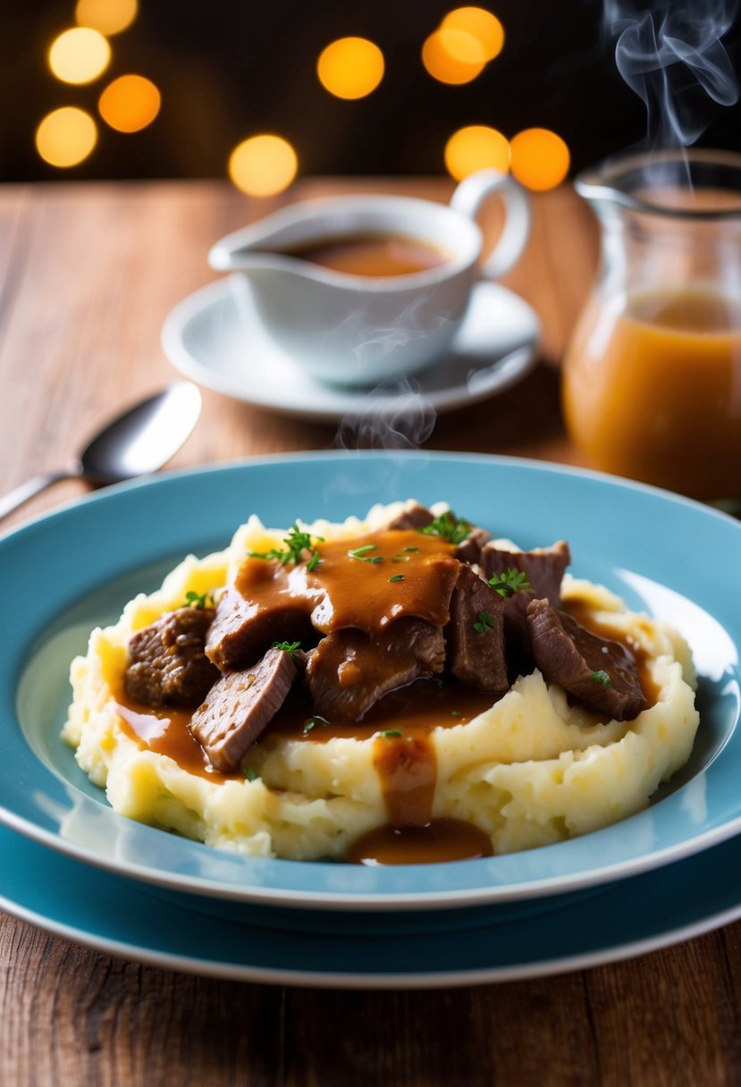 A steaming plate of mashed potatoes topped with savory beef and rich gravy