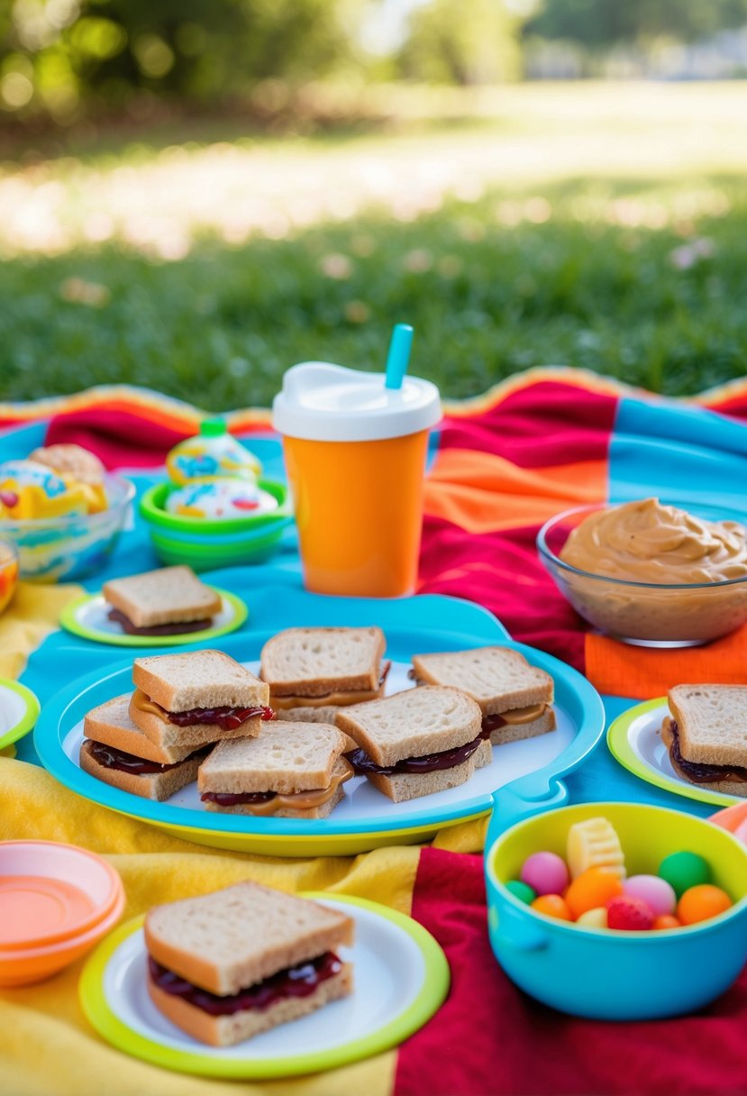 A picnic blanket with a spread of peanut butter and jelly sandwiches, surrounded by a sippy cup and baby-friendly snacks