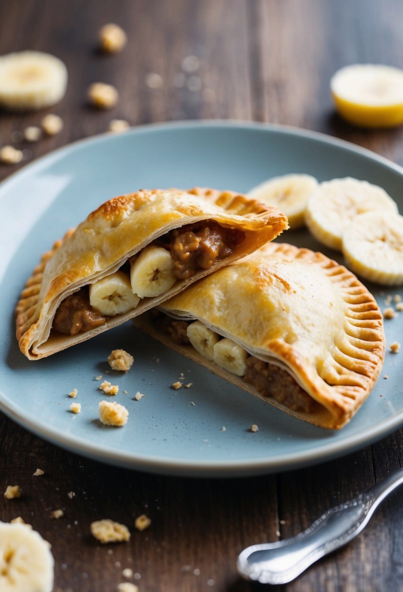 Two empanadas filled with nut butter and banana, one cut in half to reveal the filling. A plate with crumbs and a few scattered banana slices