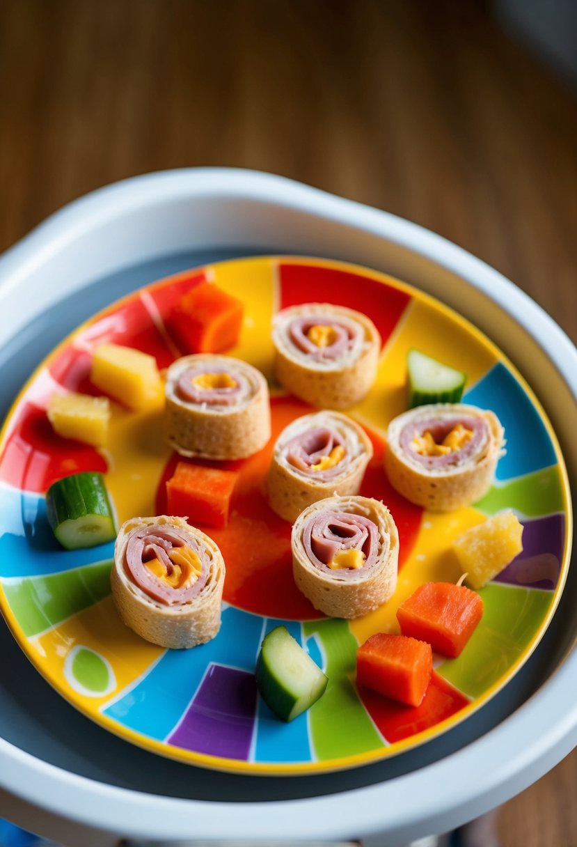 A colorful plate with bite-sized ham and cheese roll-ups, accompanied by small pieces of fruit and veggies, sits on a high chair tray