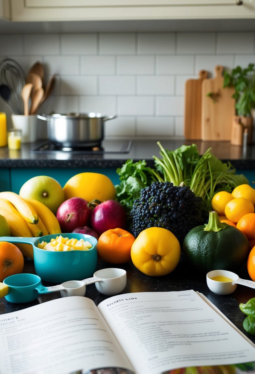 A collection of colorful fruits and vegetables arranged on a kitchen counter, alongside measuring cups and spoons. A recipe book open to a page with simple instructions