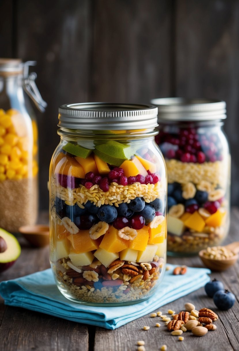 A mason jar filled with layers of colorful ingredients, such as fruits, nuts, and grains, arranged in an appealing and appetizing manner