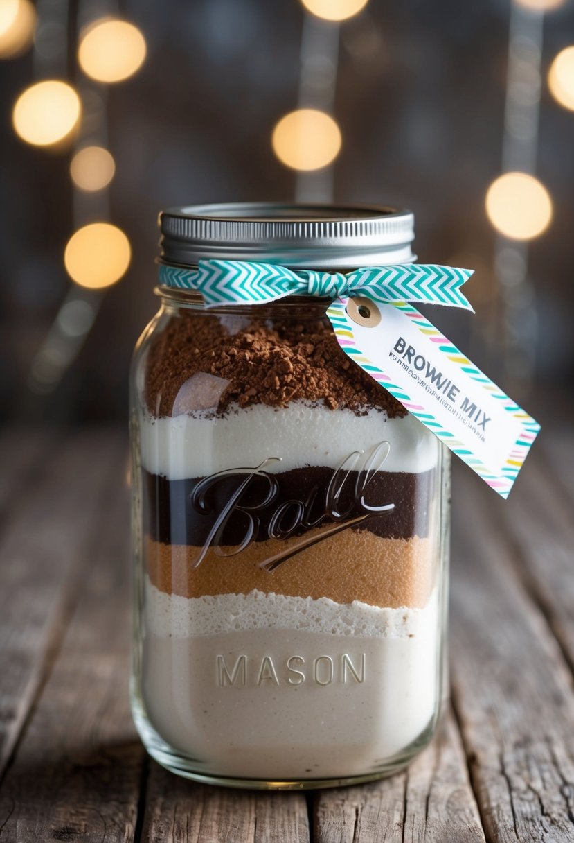 A mason jar filled with layers of brownie mix ingredients, including cocoa powder, flour, and sugar, topped with a decorative ribbon and tag