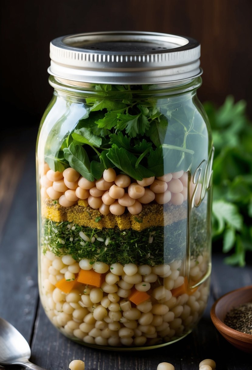 A mason jar filled with layers of split peas, herbs, and spices, ready to be transformed into savory split pea soup