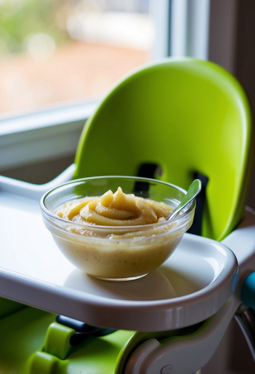 A bowl of freshly pureed apple and pear sits on a highchair tray, ready for a hungry 10-month-old baby