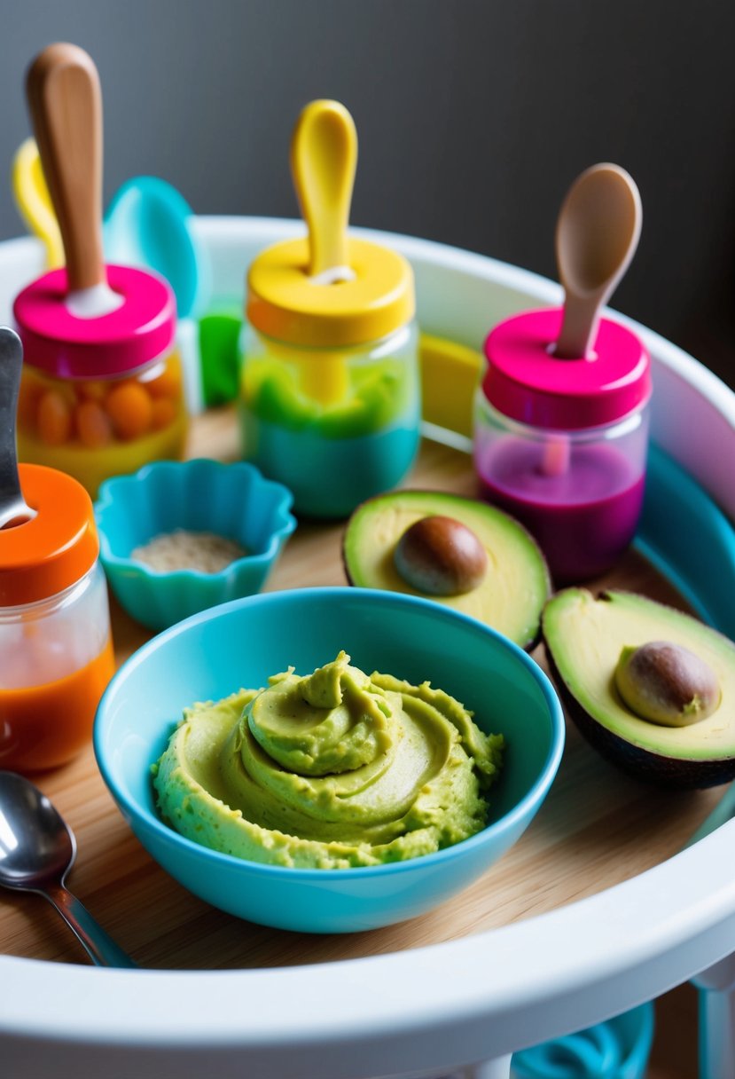 A small bowl of mashed avocado surrounded by colorful baby food jars and utensils on a high chair tray