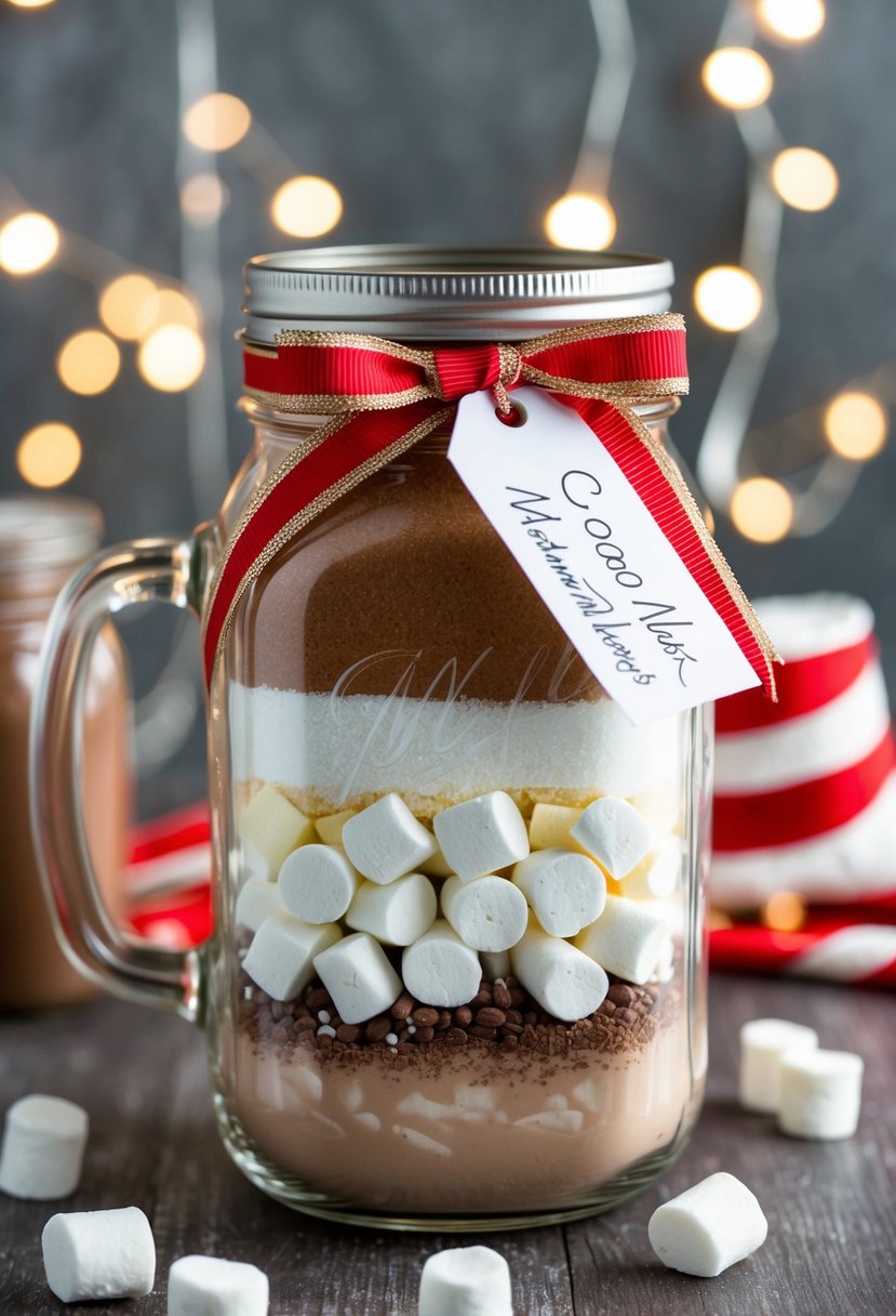 A mason jar filled with layers of cocoa mix, sugar, and mini marshmallows, topped with a festive ribbon and a handwritten label