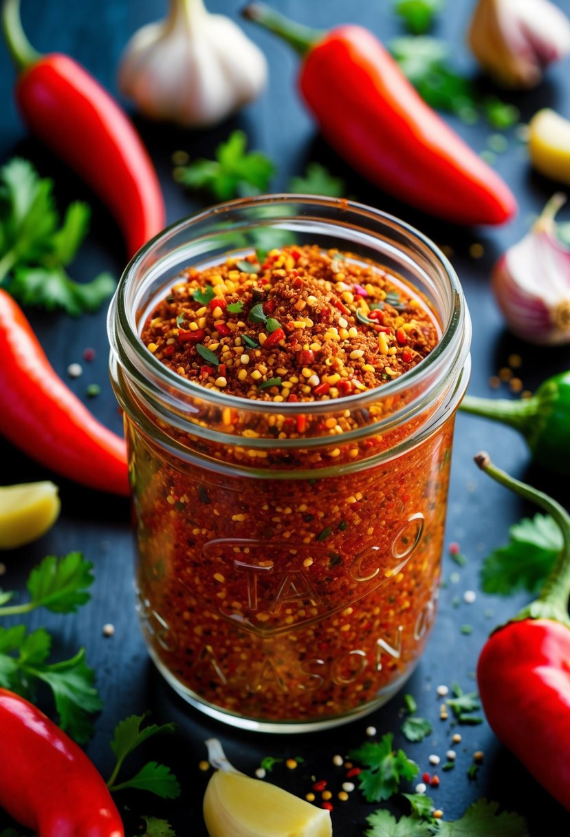 A mason jar filled with vibrant red spicy taco seasoning, surrounded by colorful chili peppers, garlic cloves, and various herbs and spices