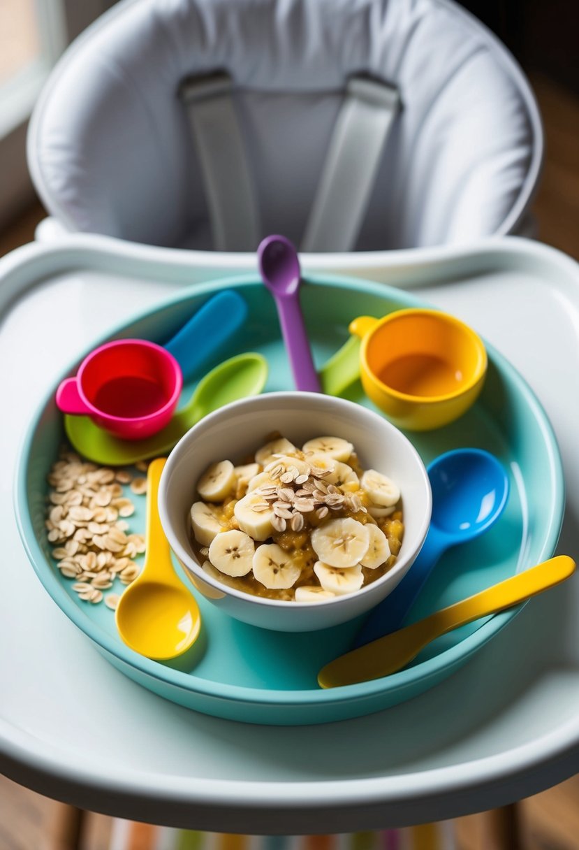 A small bowl filled with mashed bananas and oats, surrounded by colorful baby utensils and a high chair